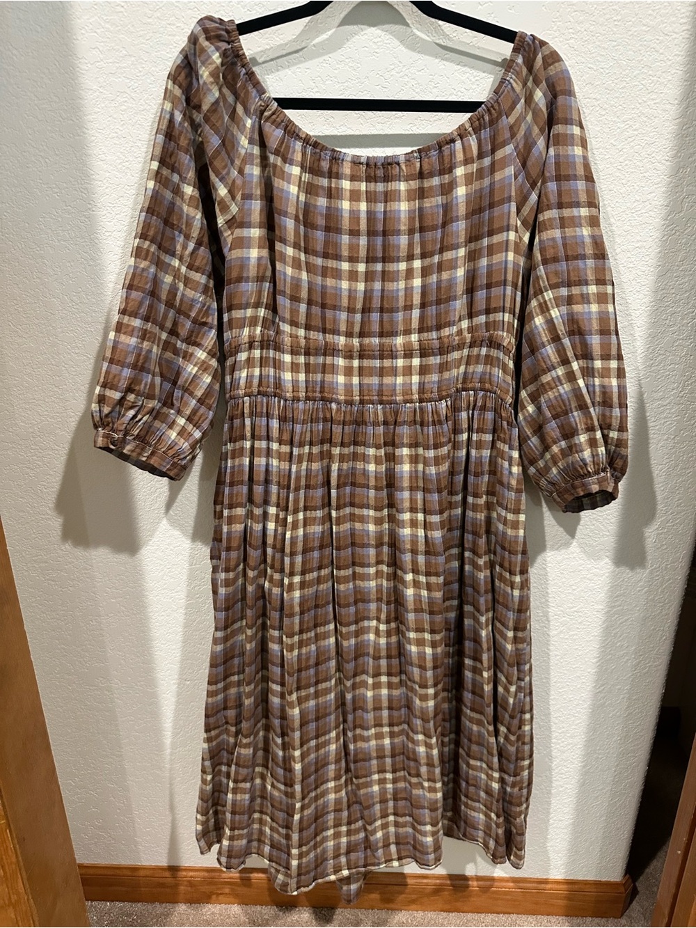 Madewell Brown & Cream Plaid Peasant Dress with Subtle Blue Check - Picture 2 of 6